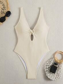Swim Vcay 新款女款夏季細肩帶綴珠露背紋理提花面料深V領性感海灘度假式一件式泳衣 - 米色 - 查看 5