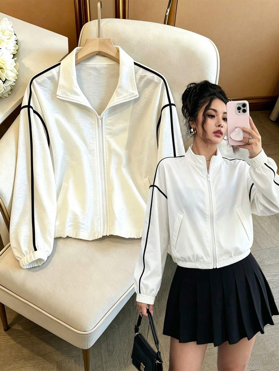 GlowEve Women's Spring/Autumn New Casual Commuter Contrast Trim Striped Long Sleeve Jacket - White - View 1
