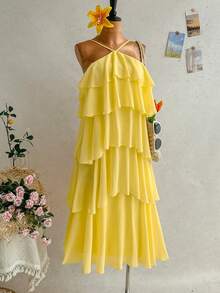 Soleia Nouvelle robe longue élégante et romantique pour invitée de mariage, couleur unie, dos nu, volants multicouches en mousseline, bohème, boho, floral romantique, vacances, fête florale, rendez-vous, Saint-Valentin, Pâques, carnaval, thé de l'après-midi, plage, croisière, vacances, rue de la ville, vacances - Jaune citron - Voir 10