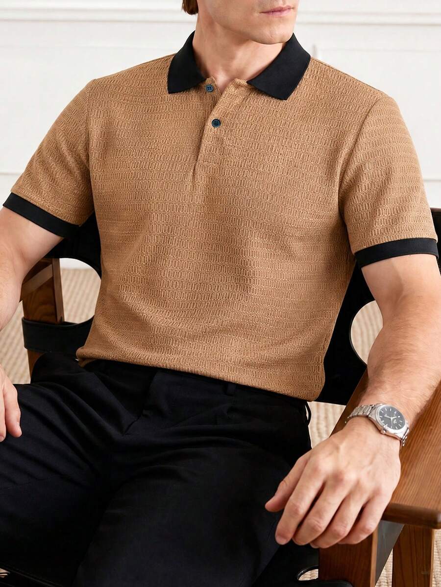 Core Aspect 男士復古紋理 Polo 衫，卡其色、棕色、黑色對比領短袖上衣，紋理輕商務風，適合工作、高爾夫、日常通勤、正式場合