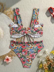 Swim Vcay Sweet Floral Random Print Wide Strap Tie-Front Triangle Bikini Set For Girls/Women - Multicolor - View 2