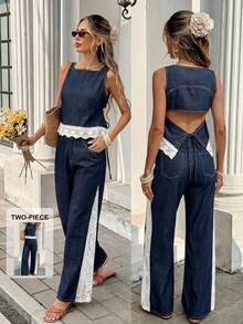 Serisse Ensemble décontracté en denim pour femmes avec gilet à col carré et pantalon - Bleu azur - Voir 1