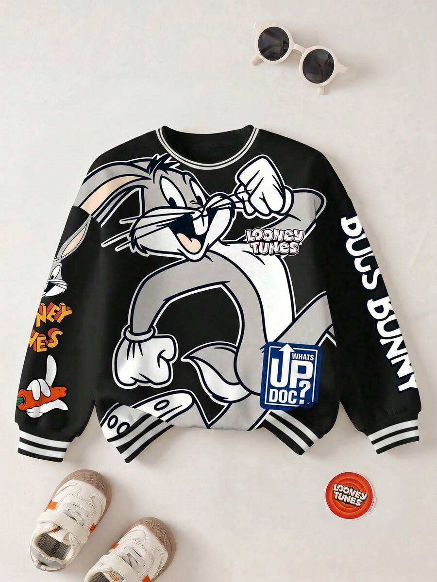 LOONEY TUNES X SHEIN Tween Boy Letter & Cartoon Rabbit Graphic Crew Neck Long Sleeve Drop Shoulder Oversize Sweatshirt Fall Winter - White - View 1
