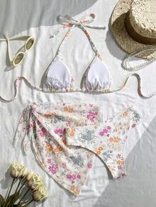 Swim Mod 女款海灘度假波點印花掛脖綁背性感比基尼三件組 - 彩色 - 查看 2