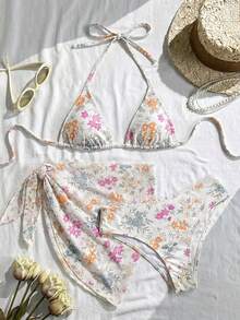 Swim Mod 女款海灘度假波點印花掛脖綁背性感比基尼三件組 - 彩色 - 查看 3