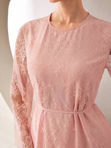 Graceveil Elegant Lace Pleated Long Sleeve Round Neck Arabian Dress, Pink, Suitable For Women, Spring/Summer Clothing - Pink - View 6