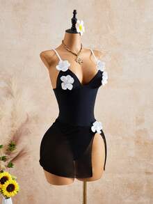 Bellisia Women's 3D Floral Decor Spaghetti Strap One-Piece Swimsuit And Skirt Set, Suitable For Beach Vacation, Pool Party, Beach Party Black Summer Tropical - Black - View 5