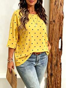 EMERY ROSE Plus Size Women's Casual Minimalist Polka Dot Print Drop Shoulder T-Shirt, Suitable For Summer Wear - Multicolor - View 3