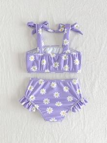 Cozy Pixies 嬰兒/幼兒（女童）雛菊花甜美可愛荷葉邊泳衣套裝，適合戶外度假、海灘玩耍 - 紫色 - 查看 2
