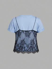 SHEIN MOD 大尺碼白色 2 合 1 蕾絲拼接圓領短版 T-Shirt - 藍色 - 查看 2