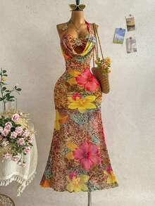 Soleia 女款春夏度假性感浪漫垂領繫帶拼接罩杯金屬花飾大荷葉領魚尾洋裝，適合海灘郵輪度假、公路旅行城市度假、約會、下午茶、音樂祭穿搭，波希米亞風、海灘度假、海灘、夏季、音樂祭穿搭、日常通勤、嬉皮、西部、野性風 - 彩色 - 查看 9