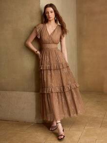 MOTF PREMIUM VESTIDO LONGO ELEGANTE FEMININO DE COR SÓLIDA COM PREGAS, BORDADO, CAMADAS MÚLTIPLAS, BABADOS NA CINTURA E MANGAS FLARED - Café - Visão 6