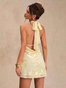 SHEIN BAE Spring/Summer Solid Yellow Floral Textured Deep Draped Neck Halter Sexy Ruffle Backless Chiffon Mini Dress For Women - Yellow - View 1