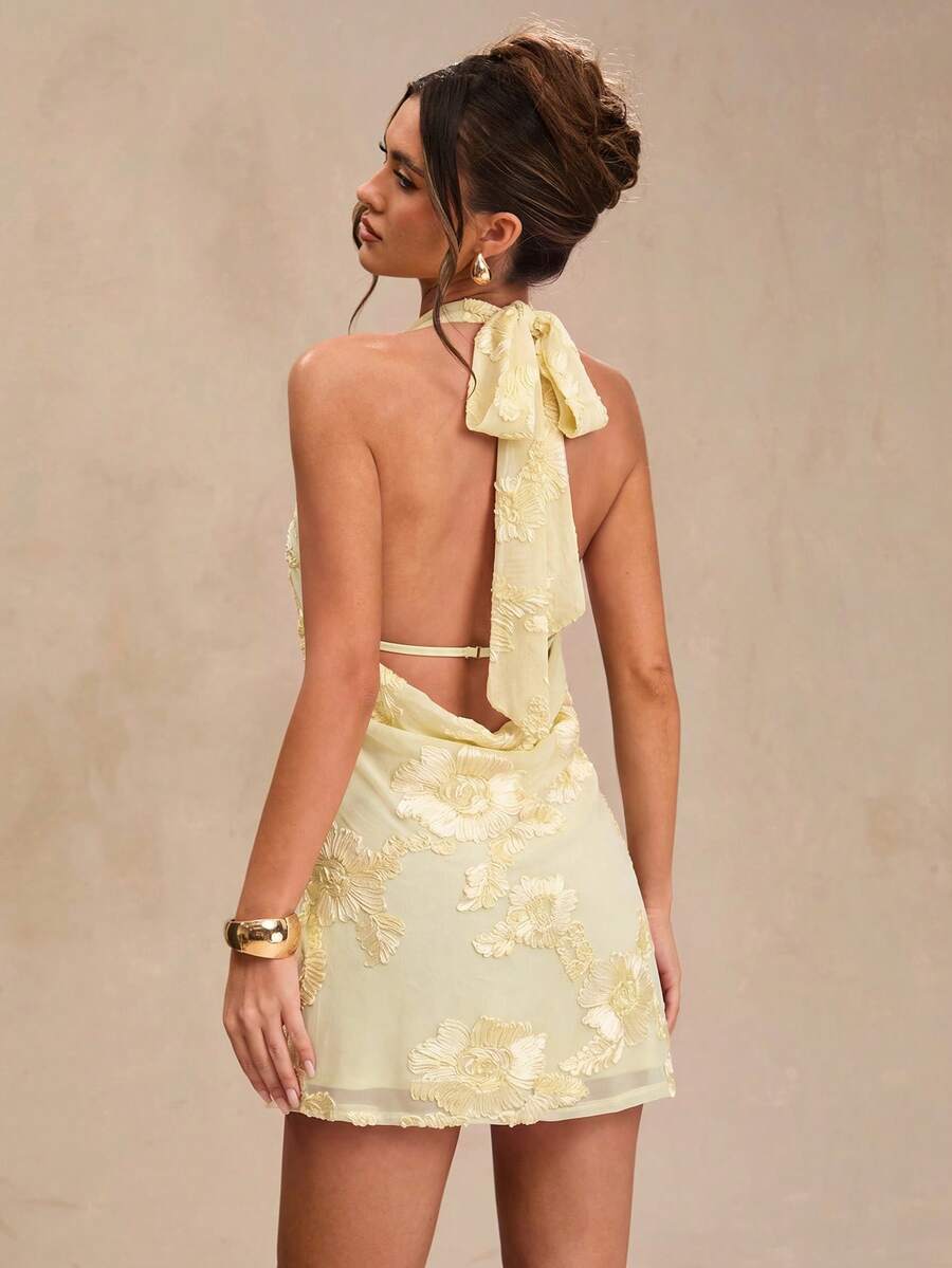 SHEIN BAE Spring/Summer Solid Yellow Floral Textured Deep Draped Neck Halter Sexy Ruffle Backless Chiffon Mini Dress For Women - Yellow - View 1
