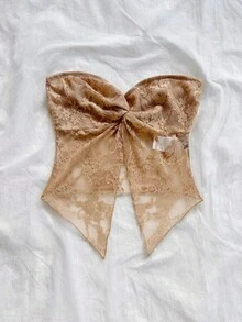 Soleia 女款度假針織紋理拼接彈性蕾絲面料抹胸扭轉前開衩時尚上衣，適合下午茶、畢業季、四季穿搭、派對、情人節 - 卡其色 - 查看 4