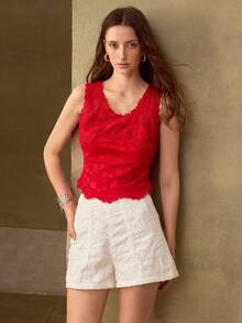MOTF PREMIUM WOMEN'S SUMMER FASHION CONTRAST LACE TANK TOP - Red - View 5