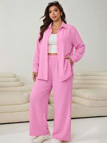 SHEIN EZwear 大尺碼女款素色單排扣長袖襯衫與長褲休閒日常套裝 - 淺粉色 - 查看 5