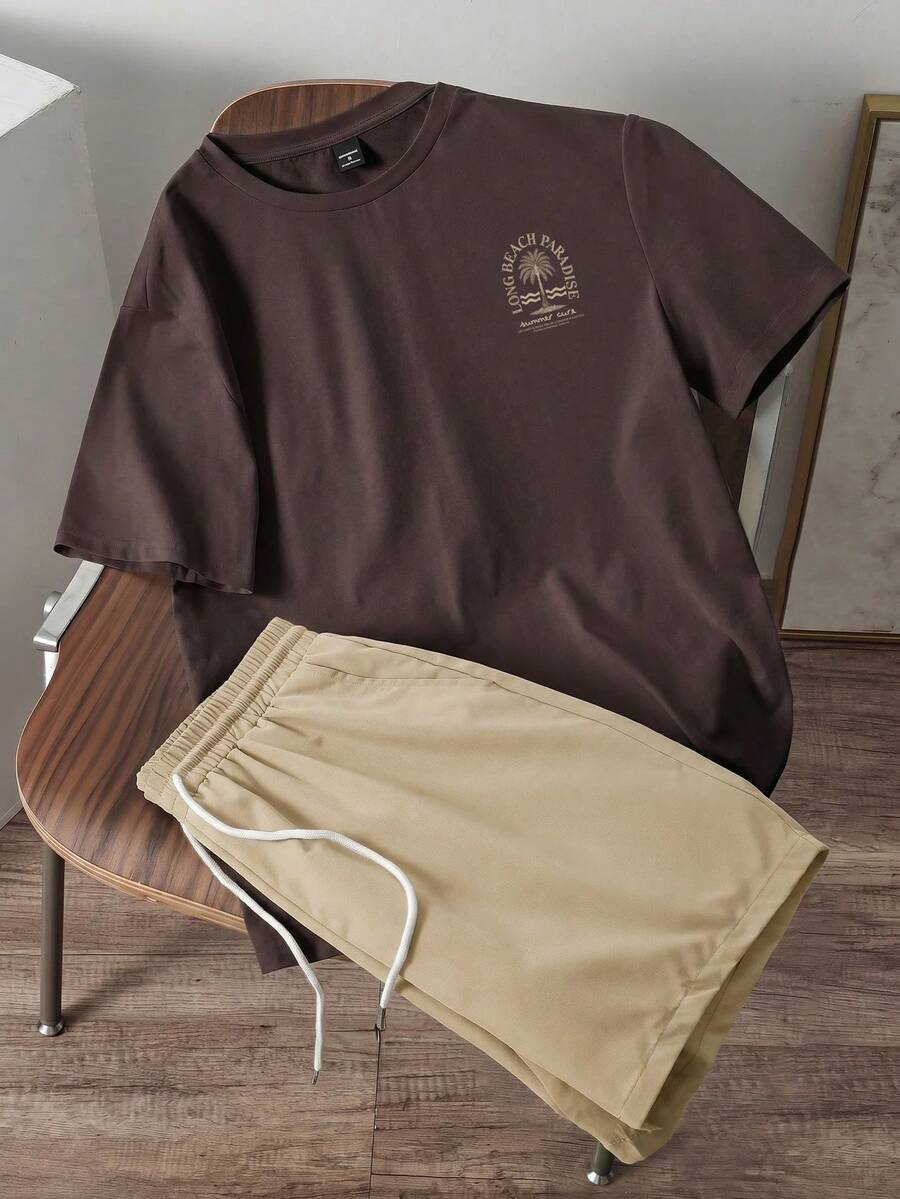 Manfinity Joysei Men's Fitted Brown Knit Top And Khaki Woven Shorts Set - Brown - View 1