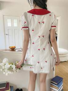 DAZY Women's Petal Sleeve Bow Decor Cherry Print Short Dress Sundress Summer Vacation - White - View 2