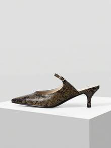 Mnmlis 夏季復古金屬扣尖頭低跟輕熟女鞋 通勤約會款 - 綠色蛇紋 - 查看 5