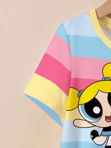 THE POWERPUFF GIRLS X SHEIN 年轻女孩夏季休闲卡通彩色条纹印花短袖T恤连衣裙 - 白色 - 查看 4
