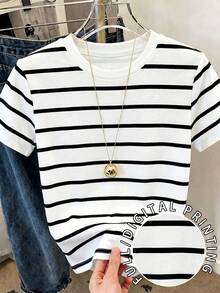 SHEIN Digital Print Women's Regular Shoulder Fitted Short Sleeve T-Shirt Brunch Black And White Striped Summer French Casual - Multicolor - View 6