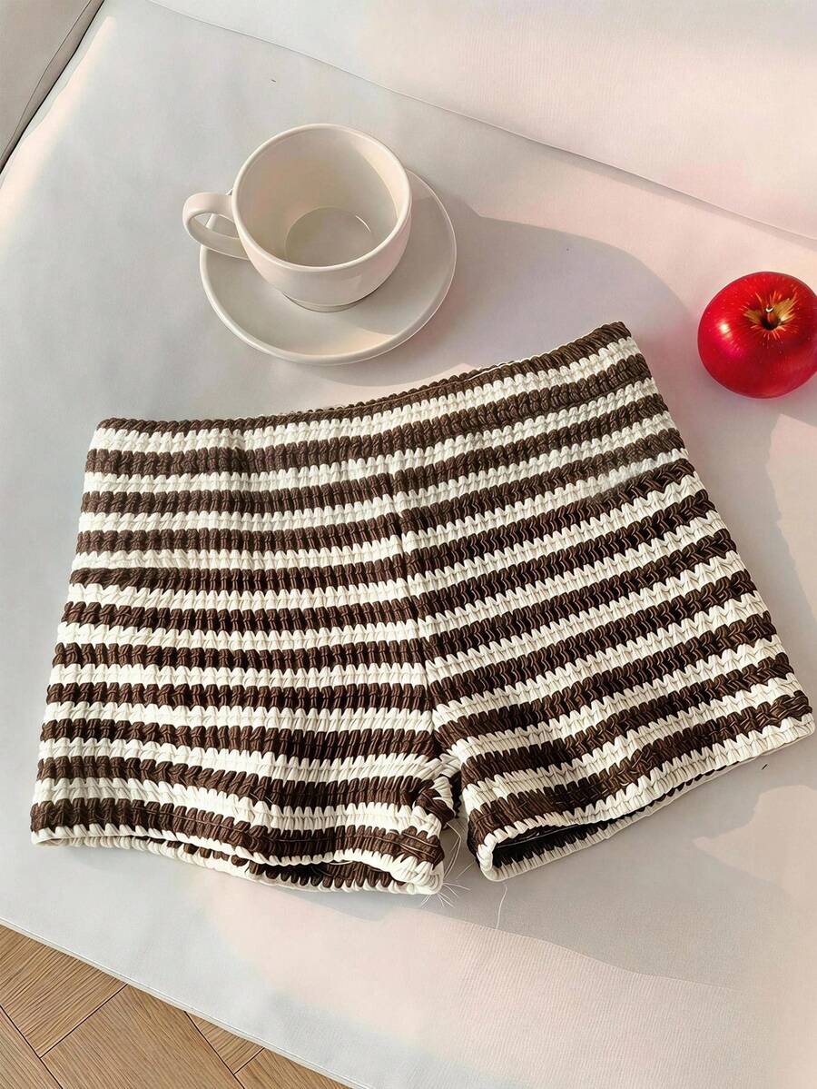 Girls Casual All-Match Versatile Daily Home Wear Folded Double Waistband Striped Knit Fitted Shorts - Brown - View 1
