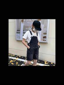 SHEIN Quần short denim dây rút dáng rộng thoải mái đính đá thiết kế phong cách đường phố cho bé trai tuổi teen - màu đen - Xem 5