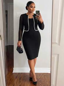 SHEIN Lady CURVE 大尺碼女款拼色休閒派對與旅行洋裝 - 黑與白 - 查看 1