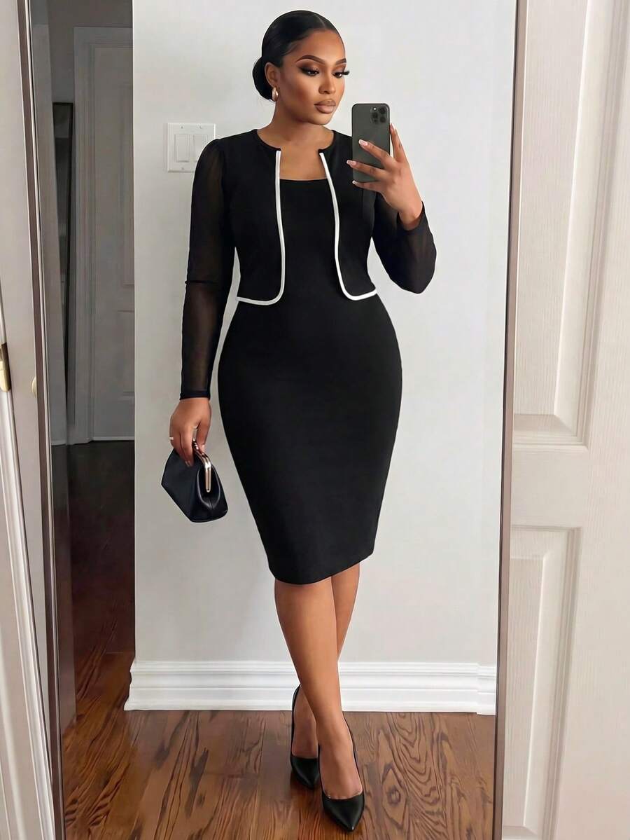 SHEIN Lady CURVE 大尺碼女款拼色休閒派對與旅行洋裝 - 黑與白 - 查看 1