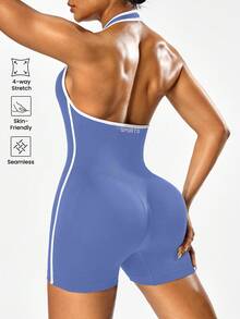 Solea Cove 女款無縫素色掛脖露背運動連身褲 - 漫遊藍 - 查看 4