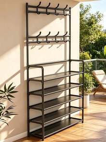 1pc Multi-Functional Iron Shoe Rack, 4/5 Tiers With 8 Hooks - Easy Assembly, Black Shoe Organizer Shelf - Multicolor - View 3