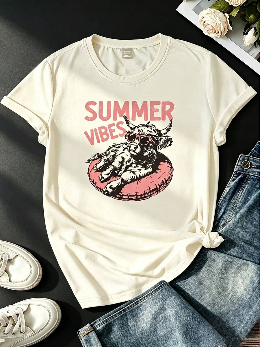 INAWLY Summer Casual Fitted T-Shirt For Women With Cute Sheep & English Letter Graphic Print, Western Cowgirl Style - Apricot - View 1