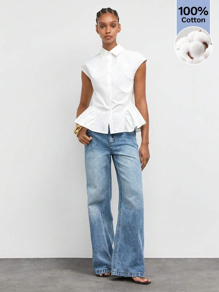 SHEIN Maija White Summer Women's Short Sleeve Shirt, Slight Drop Shoulder, Slim Fit, Urban Elegant Casual, Comfortable Office