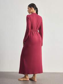 Ocili Bata cómoda y suave de algodón, bata de dormir extra larga para mujer, elegante para el otoño - Burdeos - Ver 2