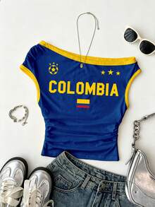 Attitoon Crop Top Wanita Model Jersey dengan Detail Kerut Satu Bahu dan Motif Bendera Kolombia, Gaya Jersey, Streetwear, Cocok untuk Hari Pertandingan - MultiWarna - View 6