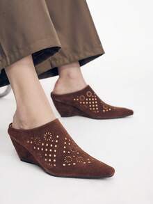 Mnmlis Zapatos de mujer de ante marrón oscuro con calado, punta fina y tacón de cuña, mules retro transpirables para uso exterior, pantuflas holgadas - Marrón - Ver 5