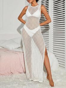 SHEIN Swim 女款素色鏤空開衩設計休閒度假罩衫洋裝 - 白色 - 查看 5