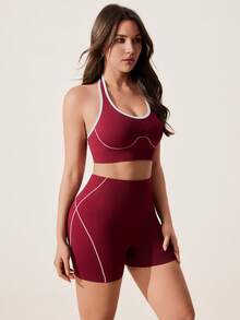SHEIN Dewbera 1套勃艮第紅無縫女款運動套裝，掛脖無袖，柔軟舒適修身，適合健身、跑步、休閒、瑜伽，女款運動服，夏季兩件套，女款健身套裝，女款運動服，夏季套裝，健身服，女款運動服，兩件套，女款運動服，運動套裝，健身套裝，女款健身服，女款運動套裝，健身套裝，兩件套，健身套裝 - 酒紅色 - 查看 4
