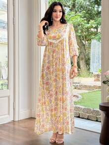Al Najma Gaun Flare Patchwork Leher Bulat Bermotif untuk Wanita - MultiWarna - View 3