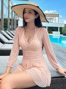 DAZY 女款拼接網紗度假海灘時尚連身泳衣裙褲 夏季 - 粉色 - 查看 4
