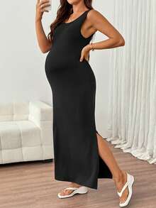 Slowluna Maternity Solid Color Round Neck Side Slit Hem Fitted Tank Dress Loungewear  - Black - View 9