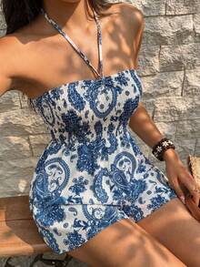 Sunnyshic Bộ áo liền quần dáng ôm, kiểu dáng thường ngày, họa tiết paisley, cổ yếm, thắt eo, thích hợp cho nữ đi biển, mùa xuân/hè. - Nhiều màu - Xem 4