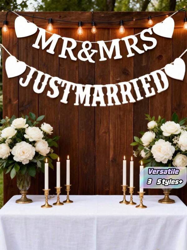2件組 Just Married & Mr & Mrs 紙製懸掛旗幟婚禮裝飾，浪漫派對用品，適合新娘送禮會、週年紀念、訂婚派對、婚禮接待背景、伴娘與求婚禮物