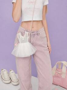 Joivida 1Pc/2Pcs Lace Skirt Ballet Phone Bag, Pearl Chain Hollow Mesh Bag, Cute Bow, High-End Shoulder Bag - multicolor - View 9