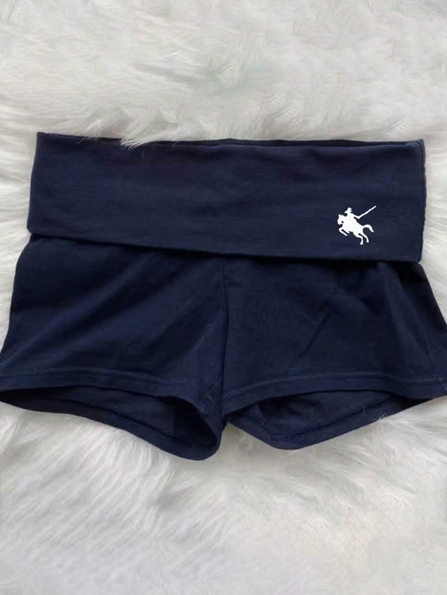 IslaSuriya 大尺碼女款素色馬刺繡休閒修身短褲 夏季 - 藏蓝色 - 查看 1