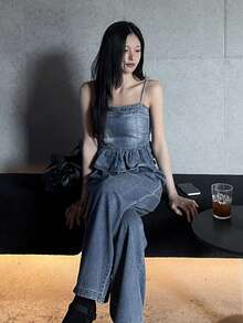 DAZY 破舊水洗修身細肩帶上衣與長褲休閒度假夏季女款牛仔套裝 - 藍色 - 查看 6