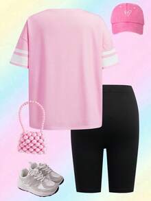 THE POWERPUFF GIRLS X SHEIN 2件套运动风少女套装，宽松圆领短袖T恤搭配舒适紧身短裤 - 彩色 - 查看 2