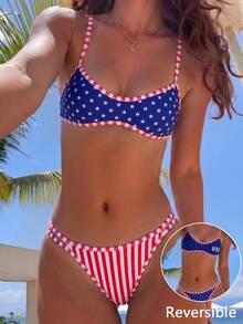 Swim Mod 新款女款海灘泳衣套裝 夏季新品 海灘與海邊通用 可正反穿 2 件套 貼身版型 藍紅配色 雙面穿 2 件套 美國國旗印花 星星印花 紅白條紋印花 字母印花 可調節比基尼上衣 可調節比基尼褲頭 適合夏季海灘 泳池 度假穿著 - 彩色 - 查看 6