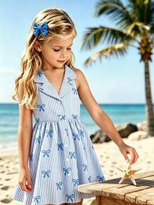 SHEIN Elladie kids Garden Girls 夏季新款時尚 Polo 領掛脖露背收腰甜美百搭度假風女童正式洋裝 - 彩色 - 查看 3